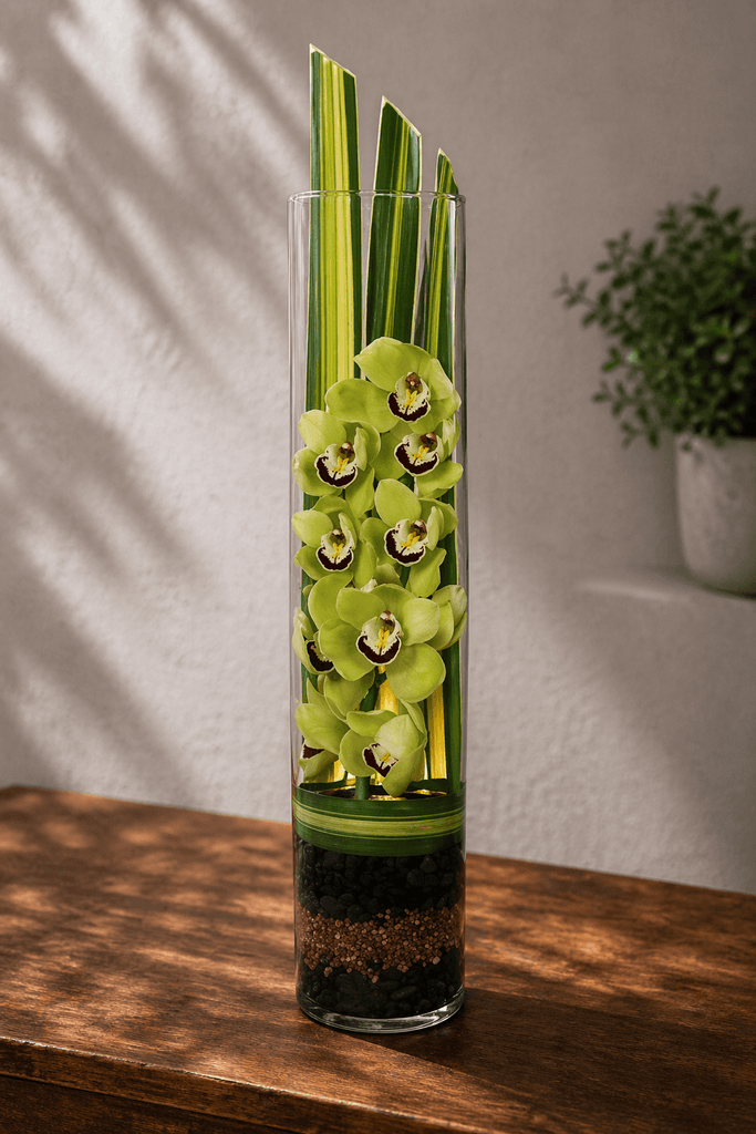 Green cymbidium orchids arranged vertically in a tall glass cylinder vase with ti leaves and layered stones on a wooden table with soft natural light