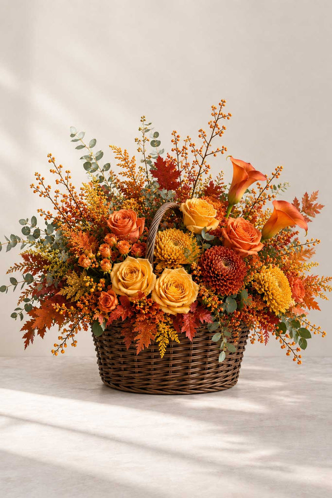 Amber Grove floral basket with golden and orange roses, calla lilies, chrysanthemums, eucalyptus, berries, and rich seasonal foliage.