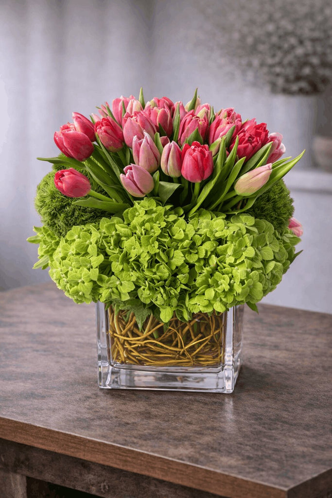 Artful floral arrangement in a clear glass cube vase with pink tulips, green hydrangea, and curly willow branches.