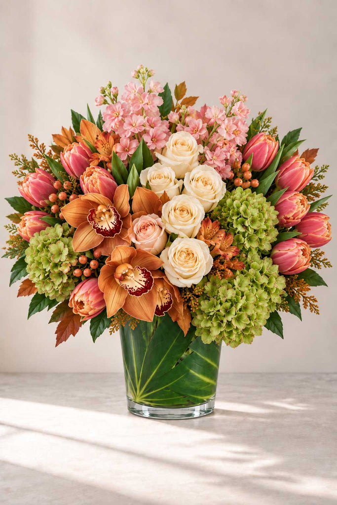 Autumn Blush floral arrangement with coral tulips, cymbidium orchids, ivory roses, green hydrangea, and fall foliage in a glass vase.