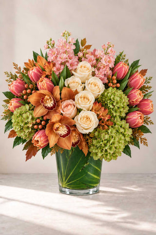 Autumn Blush floral arrangement with coral tulips, cymbidium orchids, ivory roses, green hydrangea, and fall foliage in a glass vase.