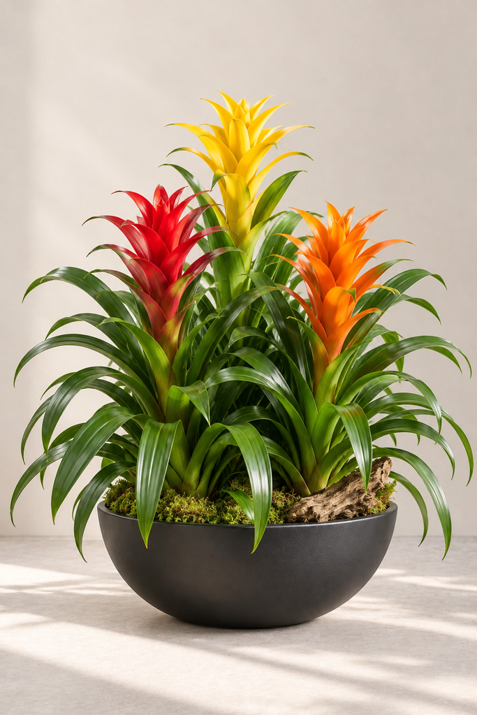 Calypsos colorful bromeliad plant arrangement in a matte charcoal bowl with moss and natural wood by Laguna Beach Florist