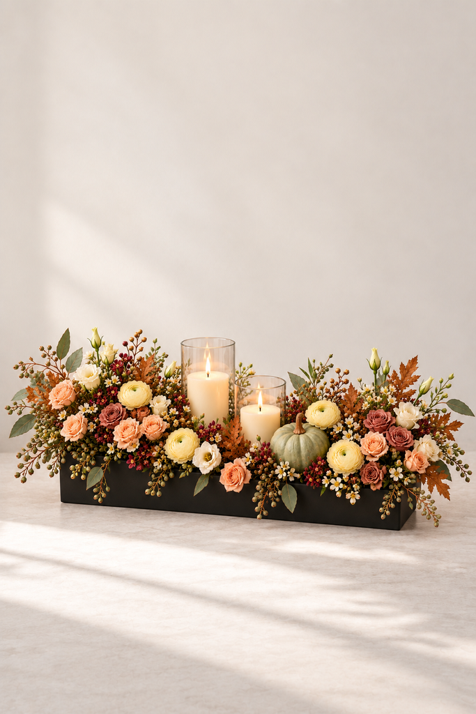 Gratitude Thanksgiving centerpiece with peach and ivory roses, ranunculus, seasonal foliage, pumpkin and pillar candles by Laguna Beach Florist