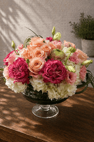 Soft pink and ivory floral arrangement with roses and hydrangea in a glass compote on a wooden table with natural light