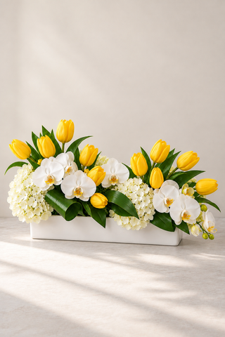 Delightful yellow tulip and white orchid centerpiece with white hydrangea in a white rectangular vessel by Laguna Beach Florist