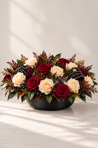 Eclipse Halloween floral arrangement with deep red and ivory roses, dark foliage, spiderweb accents and black skeleton hands by Laguna Beach Florist