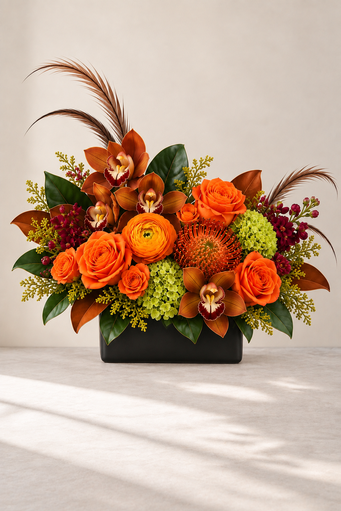Ember fall floral arrangement with orange roses, cymbidium orchids, green hydrangea, pincushion protea and seasonal foliage by Laguna Beach Florist