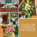 Flower picture collage of standing spray, vase arrangement, and cascade arrangement for funeral. 