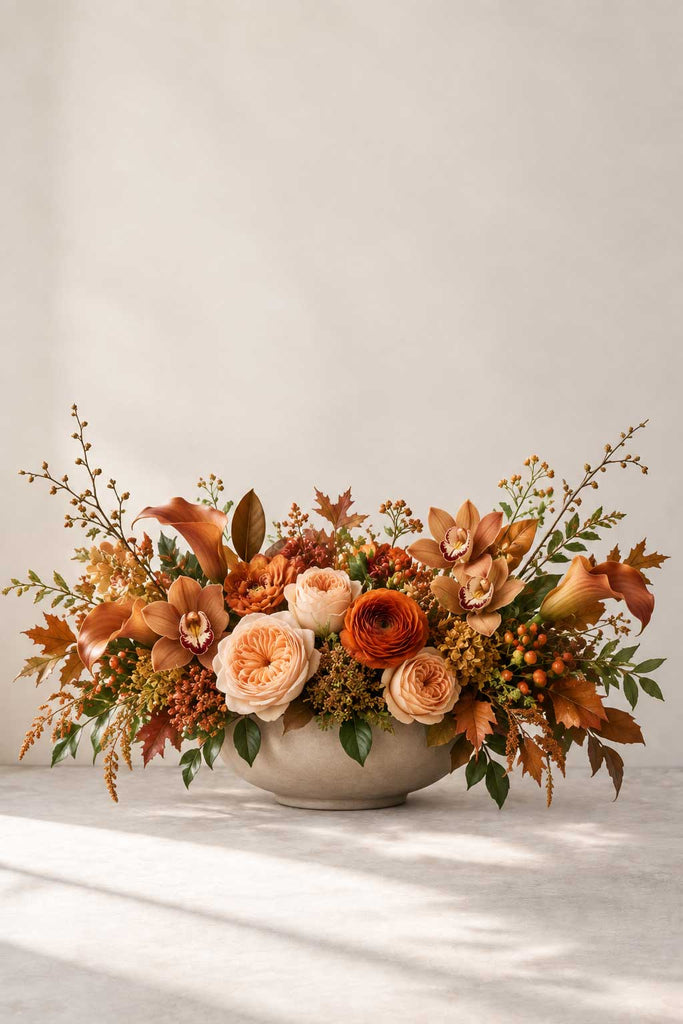 Luxury Thanksgiving centerpiece with garden roses and premium seasonal blooms in warm orange, gold, and peach tones arranged low in a stone bowl.