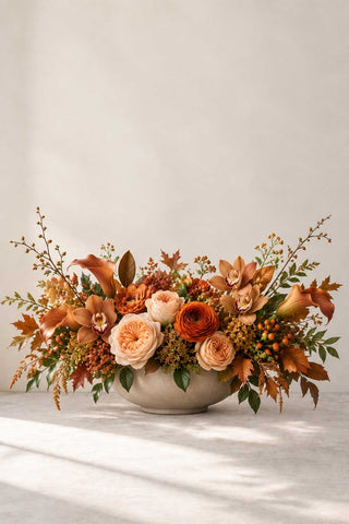 Luxury Thanksgiving centerpiece with garden roses and premium seasonal blooms in warm orange, gold, and peach tones arranged low in a stone bowl.
