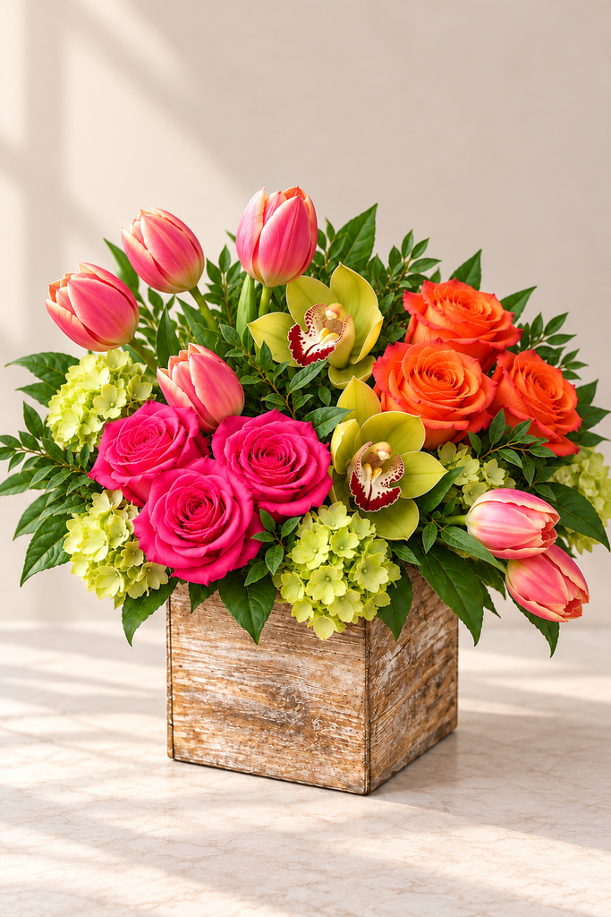 Jubilee colorful all-around floral arrangement with pink tulips, roses, green hydrangea and cymbidium orchids by Laguna Beach Florist