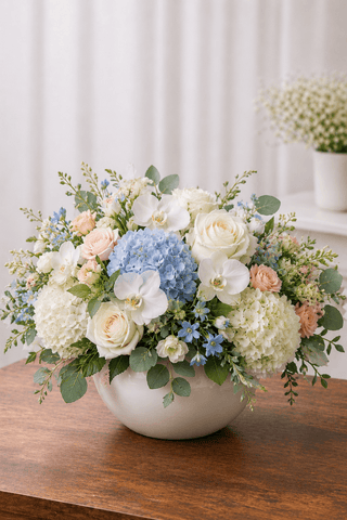 Coastal floral arrangement with blue hydrangea, white roses, white orchids, blush flowers, and greenery in a white ceramic vase.