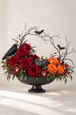 Nocturne Halloween floral arrangement with deep red and orange roses, burgundy orchids, black pumpkin, raven and sculptural branches by Laguna Beach Florist
