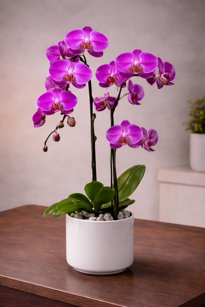 Orchid Glow purple phalaenopsis orchid plant in a white ceramic pot with budding stems, polished stones, and glossy green leaves.