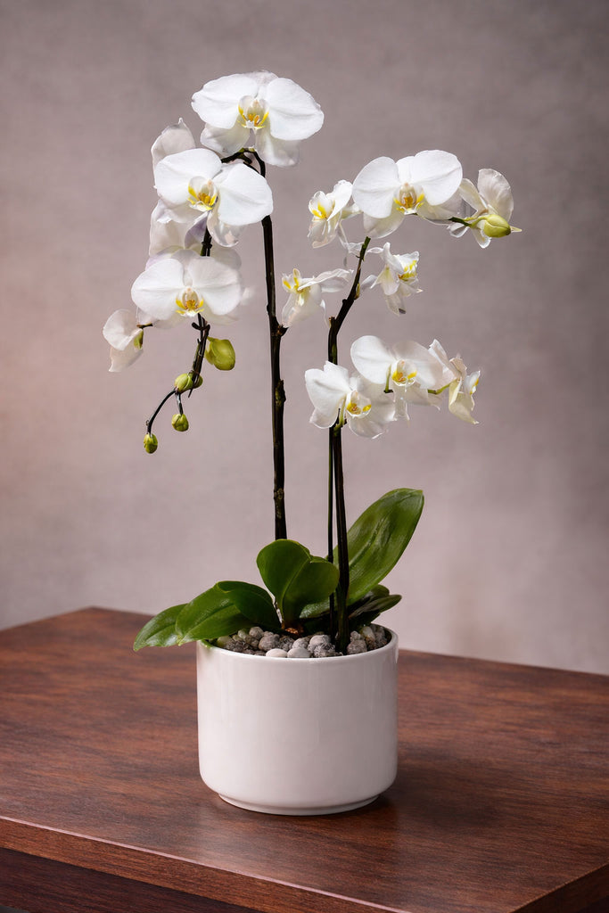 Orchid Glow white phalaenopsis orchid plant in a white ceramic pot with budding stems, polished stones, and glossy green leaves.
