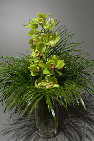 Glass vase arrangement with green cymbidium orchids and cascading tropical greenery, elegantly styled against a neutral gray background.