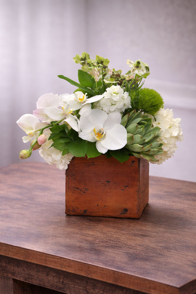Penelope floral arrangement in a rustic wooden cube with white phalaenopsis orchids, hydrangea, succulents, green trick dianthus, and seasonal blooms.