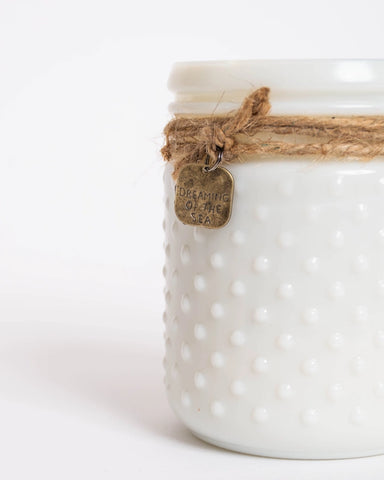 Vintage White Hobnail Candle with Stamped Pendant - Laguna Beach Florist 