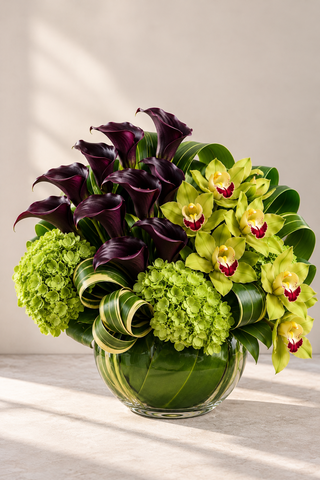 Sensation modern floral arrangement with deep plum calla lilies, green cymbidium orchids and hydrangea in a clear glass bowl by Laguna Beach Florist