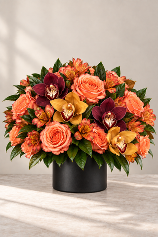 Sienna fall floral arrangement with coral roses, burgundy and golden cymbidium orchids in a black vase by Laguna Beach Florist