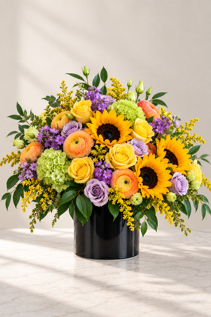 Solara fall floral arrangement with sunflowers, yellow and lavender roses, ranunculus, green hydrangea and seasonal greenery by Laguna Beach Florist