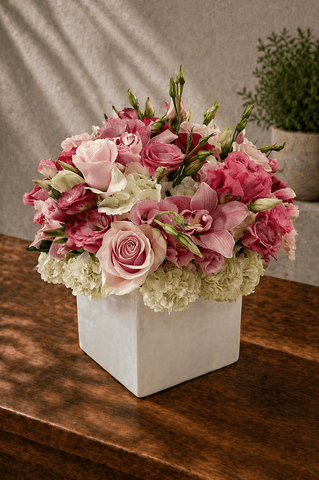 Blush pink floral arrangement with roses, cymbidium orchids, lisianthus, and hydrangea in a white ceramic square vase on a neutral background