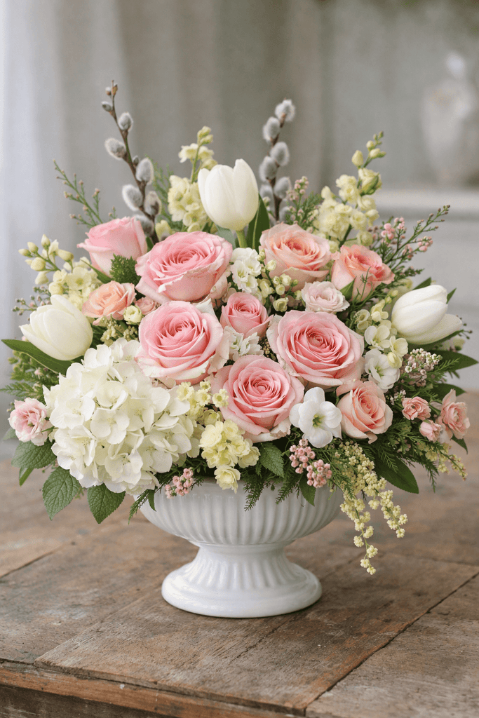 Spring floral arrangement in a white pedestal vase with blush roses, white hydrangea, tulips, and soft seasonal blooms.