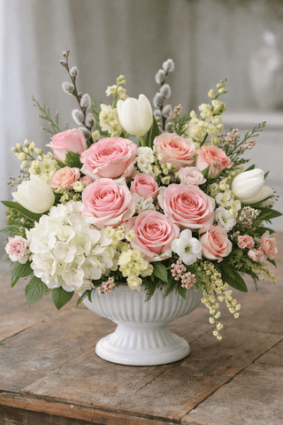 Spring floral arrangement in a white pedestal vase with blush roses, white hydrangea, tulips, and soft seasonal blooms.