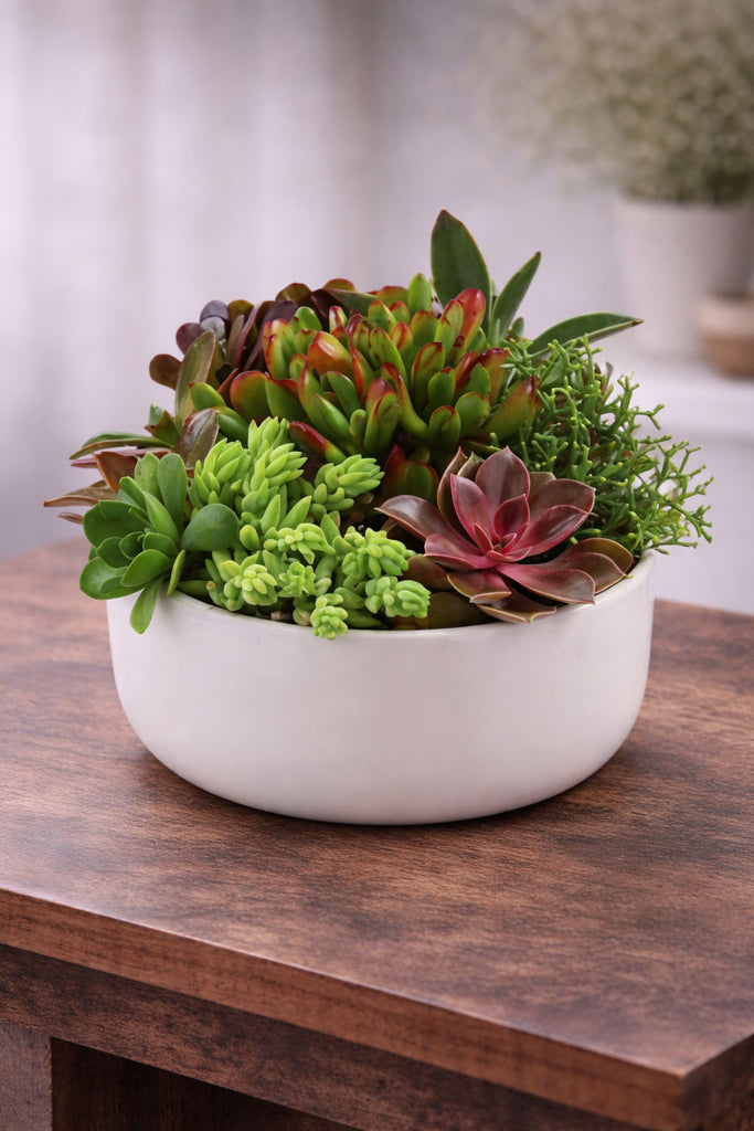 Succulent Garden planted arrangement in a white ceramic bowl with mixed green and burgundy succulents.