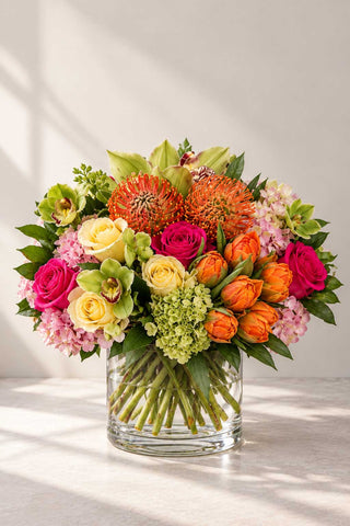 Sweet Surprise floral arrangement in a clear glass vase with roses, tulips, hydrangea, pincushion protea, cymbidium orchids, and seasonal blooms.