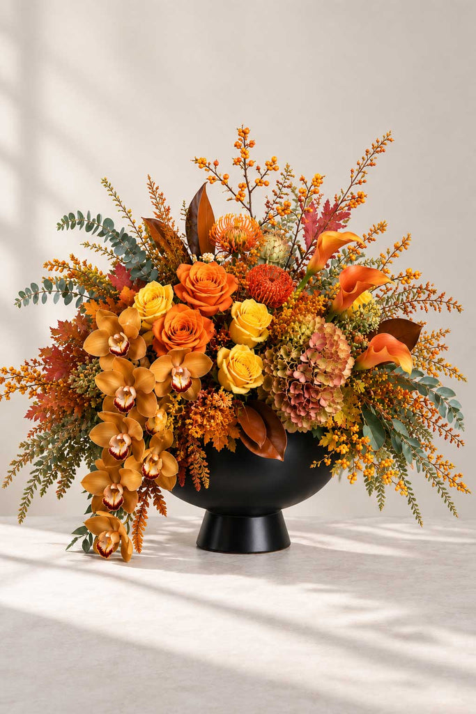 Luxury autumn floral arrangement with orange and yellow roses, cymbidium orchids, hydrangea, calla lilies, and seasonal foliage in a matte black vase.