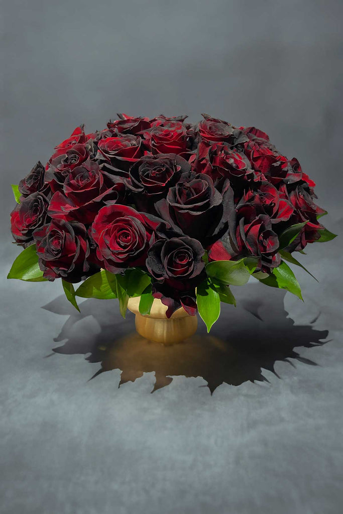 velvet dusk - arrangement of two toned red and black roses in a gold vase