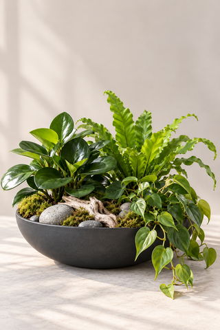 Verdure mixed green plant garden with fern, trailing foliage, moss, river stones and driftwood by Laguna Beach Florist