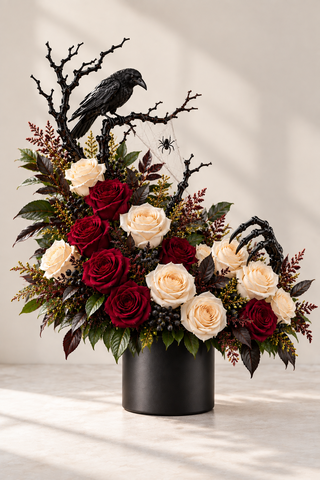Vesper Halloween floral arrangement with red and ivory roses, raven, black branches and spiderweb accents by Laguna Beach Florist