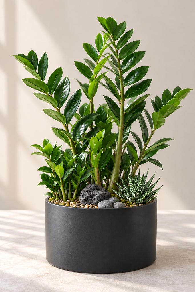 ZZ Zen modern ZZ plant arrangement with haworthia, stone accents and black planter by Laguna Beach Florist