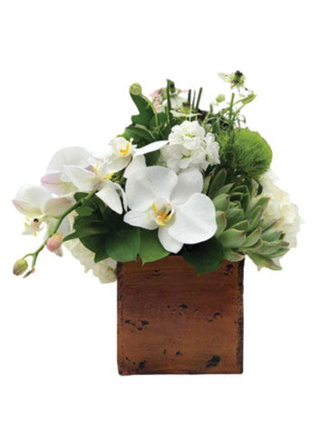 Penelope - Laguna Beach Florist White and green beachy  arrangement in a wooden box